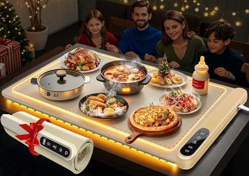 KingSom Chauffe Plat Électrique avec LED lumière, Plateau Chauffant en Silicone Pliable, Température Réglable 50-100°C & 1-6H Minuterie, Plaque Chauffante pour Fêtes, Buffet, Réunions de Famille