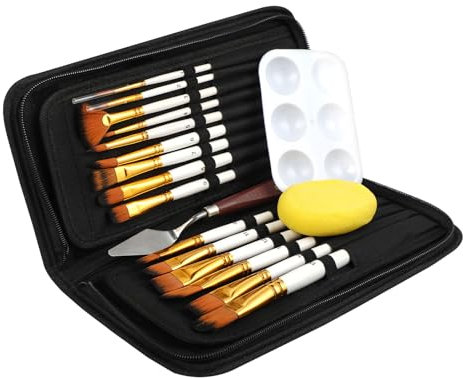 Artist Set de Pinceles -15 Pinceles óleo Profesional Pinceles Pintura Acrílica Pinceles Acuarela con Bolsa portátil Cuchilla de Paleta Paleta y esponjas Ideales Gouache para niños y Adultos(Blancas)