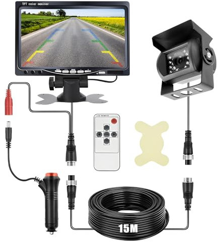 Kit Caméra de Recul et Moniteur LCD 7 Pouces écran, Vision Nocturne IR Caméra de Recul Filaire étanche avec 18LED, 12V-24V Caméra Filaire avec 15M Câble, pour Camping Car, Camions, Remorques, Bus
