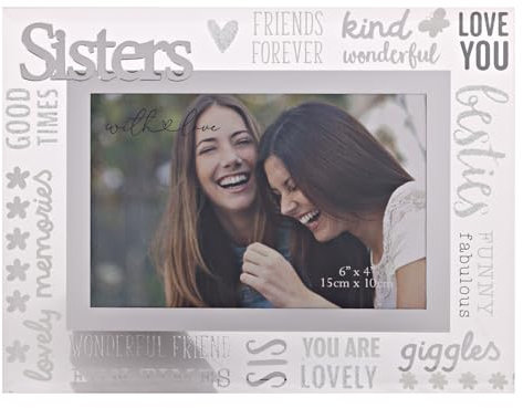 With Love - Glass Picture Frame 3D - Sisters - 6 x 4 - Horizontal Single Aperture Free-Standing Easel Back - Memories, Keepsake, Mum, Dad & Kids, Home Gifting & Homeware - H: 22 x W: 17cm.
