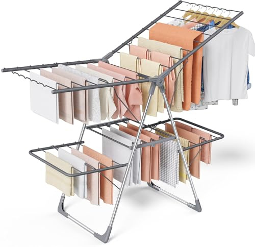 Sakugi Clothes Drying Rack, Foldable 2-Level Laundry Drying Rack with Height-Adjustable Wings, for Clothing & Bedding, Free-Standing Space-Saving Rack, Indoor & Outdoor, 55.5 L × 22.8 W, Gray