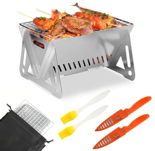 Barbacoa Portátil - Mini Barbacoa - Parrilla Portátil, 21 × 16 × 13 cm, Acero Inoxidable, Montaje/Desmontaje Fácil, con Bolsa de Transporte, Cepillo y Cuchillo, para 1-2 Personas