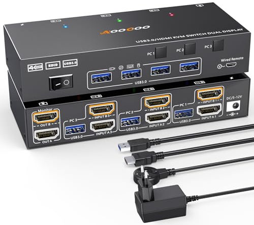HDMI KVM Switch 3 PC 2 Monitore 4K@60Hz/2K@120Hz KVM Switches kabelgebundener Fernbedienung, Netzteil und USB3.0 Kabel im Lieferumfang enthalte