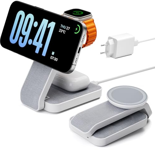 Eazpower Magsafe Ladestation für Apple Watch und iPhone 3 In 1 Faltbar, iPhone Ladestation Magsafe Ladegerät Charging Station für iPhone 17 16 15 14 13 12 Pro Max - Elfenbeinweiß