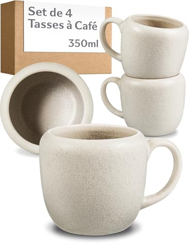 Cosumy Set di 4 Tazze da Caffe Grandi Bianche – Tazza Grande 350 ml in Ceramica – Mug & Tazze da Tè, Caffe e Latte – Set Tazze Colazione Eleganti con Smaltatura Artigianale