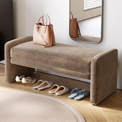 FURTOGUYI Entryway Shoe Bench, Upholstered Long Bench with Soft Textured Velvet Fabric, Modern Padded Bench Seat for Hallway, Bedroom or Living Room