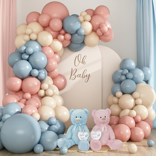 Ballonger girlang rosa blå, ballonger rosa blå, 99 stycken ballong blå rosa beige ballonggirlang set, latexballonger för pojkar flickor könsavslöjande, babyshower dekoration, födelsedagsfest