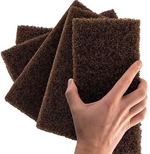 Heavy Duty XL Brown Scouring Pad 5 Pack. 10 x 4.5in Large Multipurpose Nylon Scrubbing Sponges. Clean Bathrooms, Kitchens, Counters and Floors to Erase Grime and Make Surfaces Sparkle