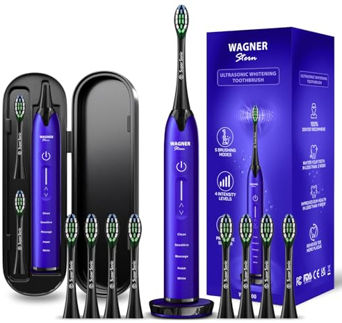 Wagner Stern Cepillo de dientes blanqueador ultrasónico con sensor de presión. 5 modos de cepillado y 4 niveles de intensidad, 8 cerdas suaves, estuche de viaje.