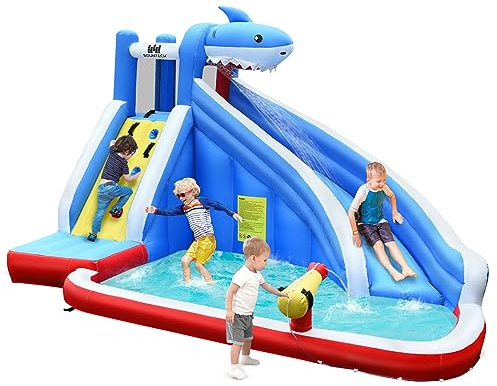 COSTWAY Castello Gonfiabile Per Bambini, Parco Giochi Gonfiabile Con Scivolo, Parete Per Arrampicarsi e Piscina, Ideale Per 4 Bambini 3-8Anni, Con Borsa di Trasporto e Kit di Riparazione