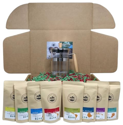 Coffee Gift Box Set 8 Assorted Coffees 2oz plus1 French Press Glass Coffee Maker. Amazing coffees from all over the world.