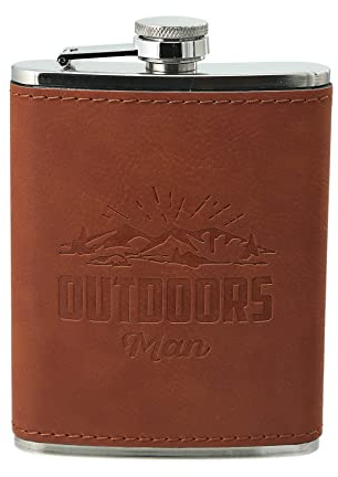 Pavilion Gift Company - Outdoors Man - 8 oz Stainless Steel PU Leather Flask Outdoorsy Woodsy Hike Camping Mountain Men Hiker Unique Gift
