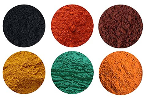 6 paquetes de polvo de óxido de hierro,pigmento concreto,óxido de hierro negro,óxido de hierro amarillo,óxido de hierro rojo,óxido de hierro verde,óxido de hierro naranja y óxido de hierro marrón