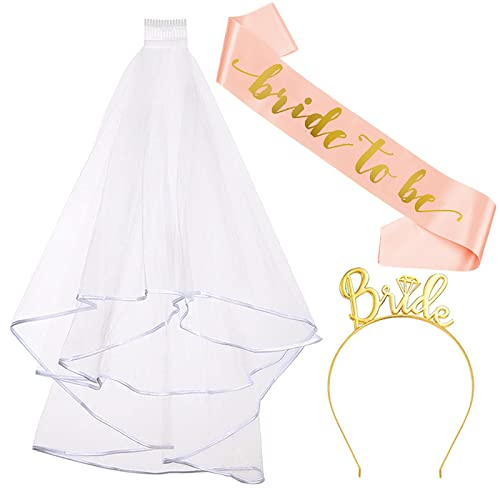Annhao Addio Nubilato Accessori, 3 PCS Sposa di Essere Fascia e Velo Bride Bianco da Sposa Tiara, Bride to be Satin Sash Sposa, Decorazioni per Addio Nubilato Gadget (Oro)