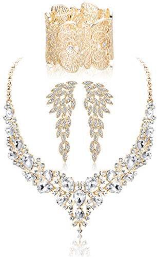 Kakonia Kristall Braut Hochzeit Schmuck Set für Frauen Strass Halskette Ohrringe Armband Brautjungfer Braut Zubehör Schmuck Gold