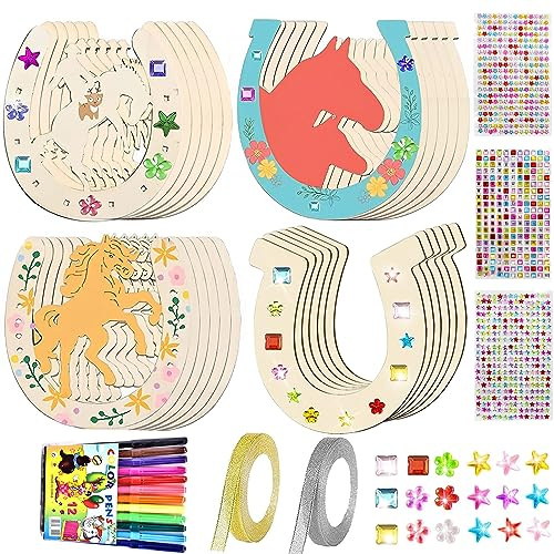 Hästsko barns födelsedag trä, 24 stycken obehandlade hästskor träskivor, hästsko trä att måla med 12 akvarellpennor + paljettklistermärken + glitterband för gör-det-själv födelsedagsfest dekoration
