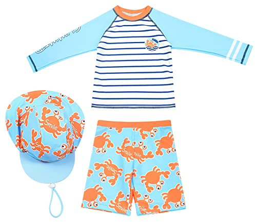 SEAUR Jungen Schwimmshirt Badehose Langarm Rash Guard mit Sonnenhut Kinder Badeset UV Schutz 3 Teilig Badeanzug - 130