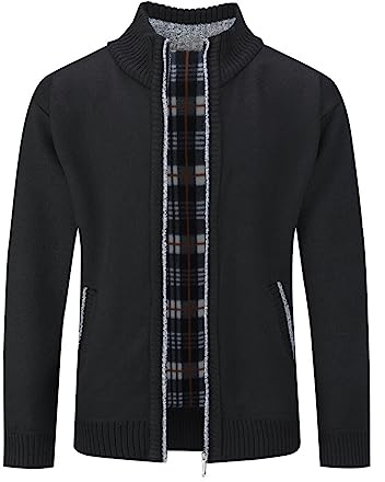 Allthemen Cardigan Homme Hiver en Maille Zippé Manches Longues Chaud Chandail Tricoté Manteau Décontracté à col Montant Noir S