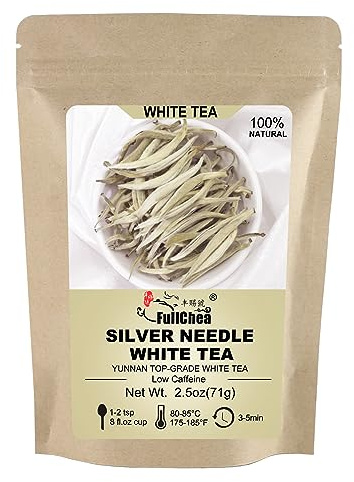 FullChea - White Tea Loose Leaf - Yunnan Silver Needle White Tea - Low Caffeine - Bai Hao Yin Zhen - Refreshing Woody Aroma - 2.5oz/71g