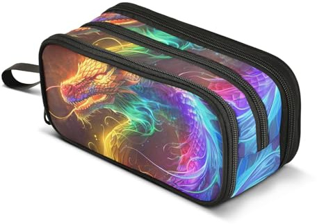 Mnsruu A Rainbow Dragon with Glowing Eyes Pencil Case, Large Capacity Pen Bag for Boys Girls 3 Compartment Pencil Pouch Students Stationery Organizer Marker Case for School Office Work