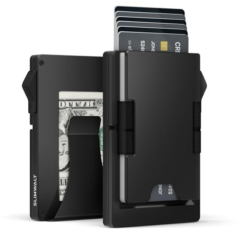 Slimwalt Metall Geldklammer für 10-20 Karten & 20 Geldschein Pop-up Kartenetui Herren Mit RFID Schutz Slim Wallet CardHolder Mit Smart Kartensteckplatz (Schwarz)