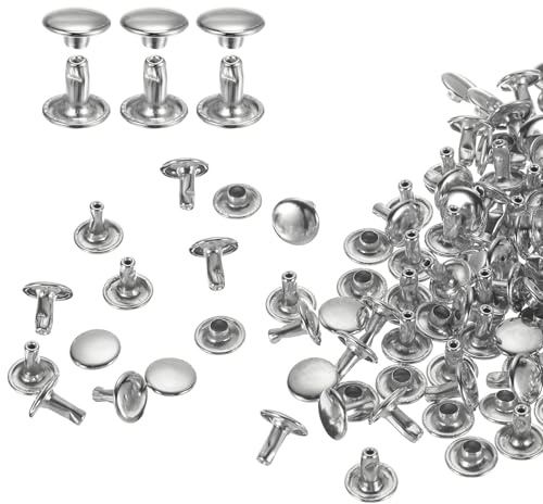 QUARKZMAN 100 set med dubbla huvor i läder, 9 x 8 mm rund huva tubulära nitar metall för bearbetning av läderbälte tyg krage väska reparation dekoration, silver