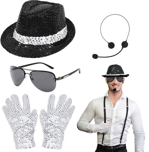 TUONYIS Kostümzubehör für Erwachsene,Cosplay Kostüm, King of Pop-Kostüm-Set mit Pailletten Hut, Mikrofon, Sonnenbrille,Handschuhen, Rocker Star Pailletten Kostüme der 1980er Jahre.