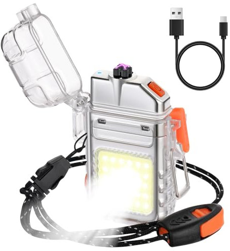 Vicloon Accendino Impermeabile 3 Modalità, Accendino Ricaricabile Dual Arc Plasma, Antivento Impermeabile Elettrico Plasma con Fischietto di Emergenza e Cordino per Campeggio (Bianco)