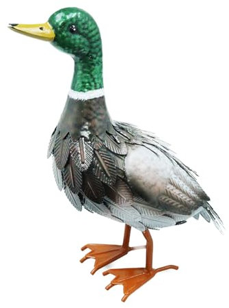 Betley Butterfly Metal Garden Duck Ornament, Green and Grey Mallard Farmyard Male Duck Sculpture, 38.5cm Wildlife Patio Decoration