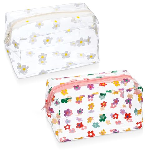 Nogeqi 2 Pcs Clear Cosmetic Bag, Cute Makeup Bag Travel, Floral Travel Pouches for Toiletries, Transparent Flowers Case for Organizing Daily Toiletries Office Supplies(Pink White)