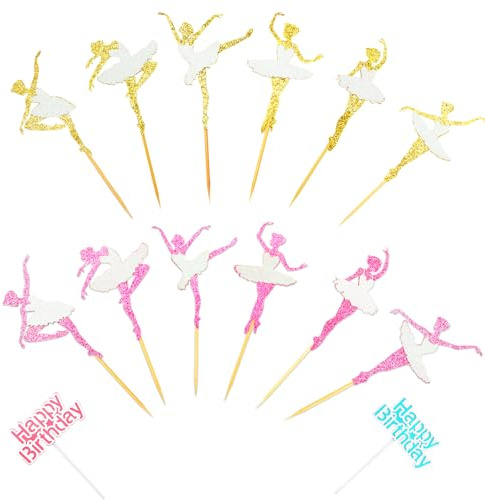 Set Decorazioni Cupcake Ballet – 24 Pezzi Toppers Rosa & Oro con Effetto Glitter e Polarizzazione, Decorazione Perfetta per Compleanni, Feste a Tema Danza e Matrimoni
