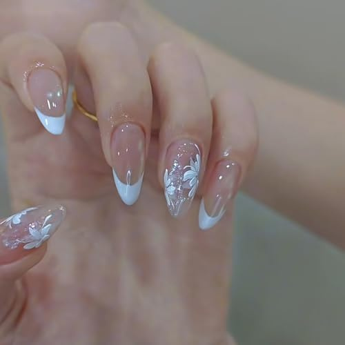 24pcs Medium Almond False Nails French Tip Press on Nails Light Blue Edge Stick on Nail with Glitter Sequin & Flower Design Removable Glue on Acrylic Fake Nail Accessories for Women