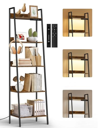 OUTONLIFE 5-Tier Small Ladder Shelf with LED Lights, Touch & Remote Control, 3 Color Temperatures, Dimmable Tall Corner Standing Bookcase, Metal Wood Display Shelf for Living Room, Bedroom, Office