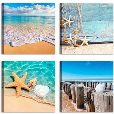 LuxHomeDecor Set di 4 Quadri 30x30 cm - Stampa su Tela con Telaio in Legno - Mare e Spiaggia con Conchiglie, Stelle Marine e Paesaggi Marini Rilassanti