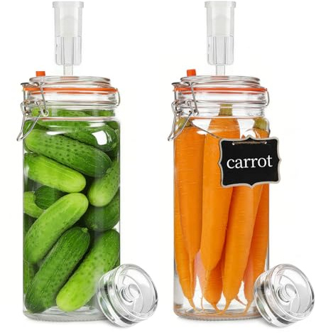 Rlssaki 2 Piezas Tarros de Fermentación con Cierre de Aire,1300ml Fermentadora con Pesos, Tarros de Cristal con Tapa Hermética, Vasos de Cristal Transparente, para Kimchi, Kombucha y Encurtidos