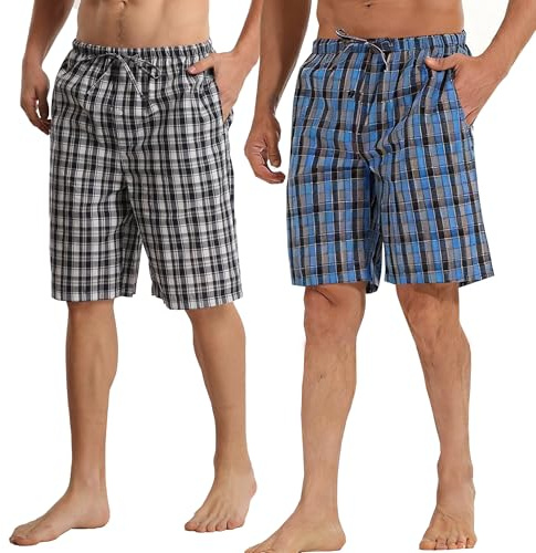 2-pack herrpyjamasshorts bekväm bomull rutiga loungebyxor med fickor pyjamasbyxor, Blå rutig + svart vit rutig, M