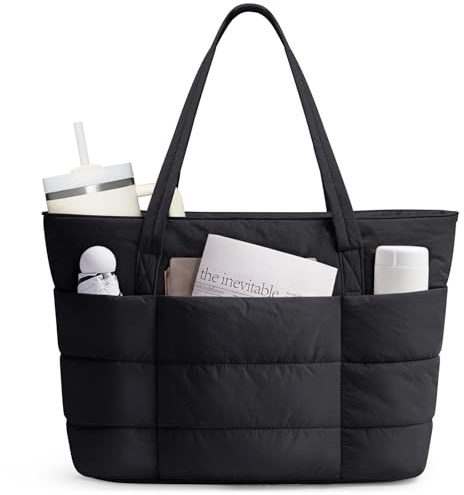 Narwey Tote Bags for Women, Ladies Handbags & Shoulder Bags, School Work Laptop Bags with Zip for Women, Puffer Teacher Hand Bag for College Shopping Travel Gym Beach (Black)