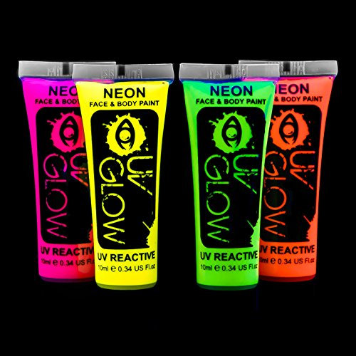Pintura Corporal y Facial 10ml UV GLOW Neón Fluorescente incandescente (10ml x4)