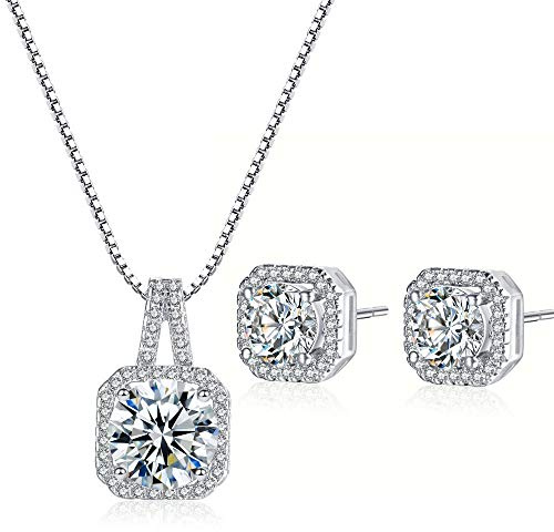925 Sterling Silver Women Necklace Earrings Jewellery Set Round Cubic Zirconia Gift Box for Party Wedding Vacation (Square se)