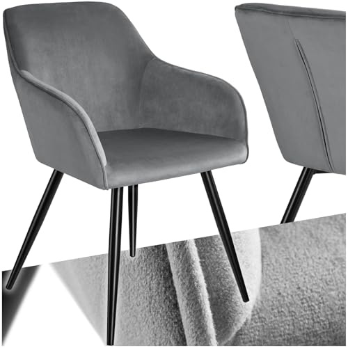 tectake® moderner Esszimmer Stuhl mit Armlehnen, Sitzfläche aus Samt, Armlehnstuhl, Sessel Wohnzimmer, gepolsterter Bürostuhl mit schwarzen Metallbeinen, Schminktisch Stuhl - grau/schwarz