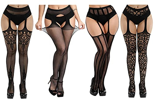 Kikoroco Women's Garter Belt Fishnet Tights Stockings High Waisted Suspender Pantyhose 4 Pairs…