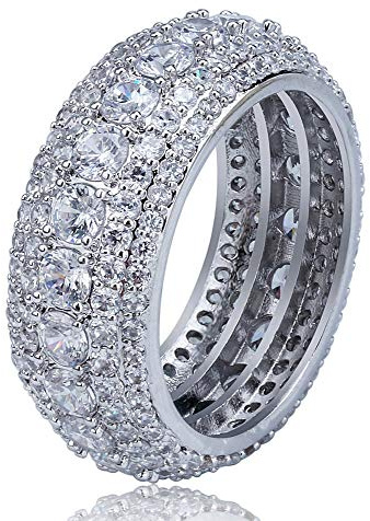 TOPGRILLZ 10MM Rings For Men 14K Silver-Plated 5A+ Cubic Zirconia Iced Out Anniversary Bling Black Band Pinky Mens Rings Fashion(White Gold, 12)