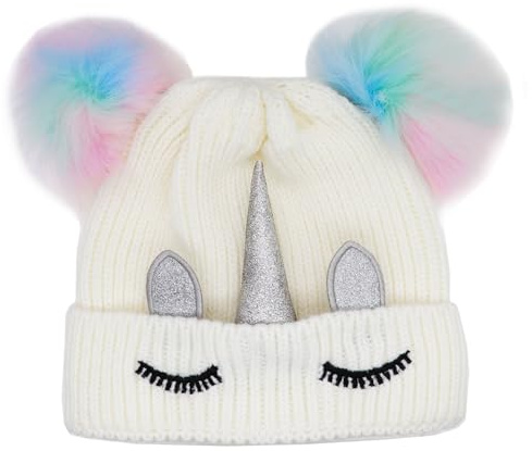 Newfancy Little Girls Winter Sequin Unicorn Beanie Hat with Pom Pom Knit Cap for Kids Baby Toddler, White With Colorful Pompom, One Size