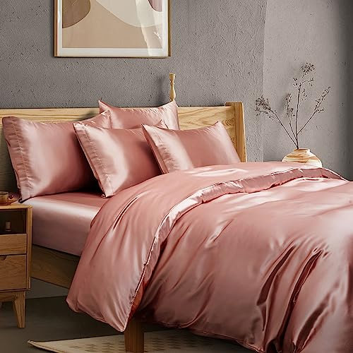 Manyshofu 6pc Rose Gold Duvet King Size Cover Set - Cooling & Silky Satin Duvet Cover & Sheet Set (4 Pillowcases, 1 Duvet Cover, 1 Fitted Sheet)
