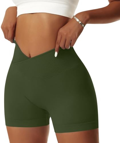 Vertvie - Pantaloncini estivi da donna, forma incrociata a V, elasticizzati, effetto push up, per palestra e yoga, a vita alta, senza cuciture, verde militare, M