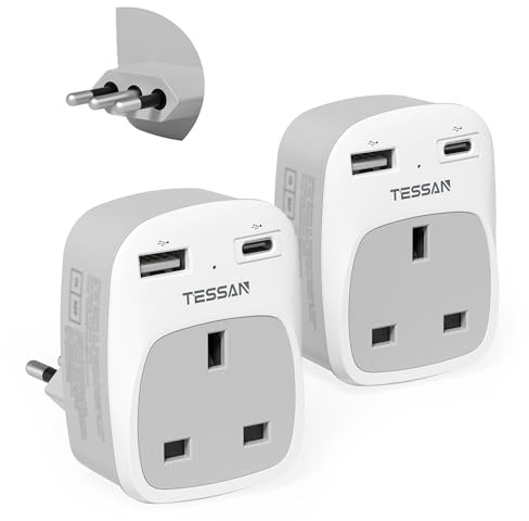 TESSAN UK to Italy Plug Adapter, Type L Travel Plug Adapter with USB C | 2 Pack Italian Travel Adaptor for Chile Ethiopia Libya Syria Tunisia Uruguay (Type L)