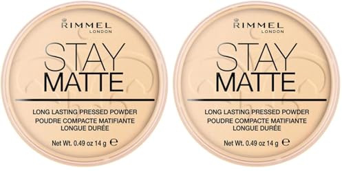 Rimmel London Stay Matte Pressed Powder, formula minerale per un effetto di lucentezza di lunga durata, luce di pesca, 14 g1 Cipria, Colore Trasparente, g (Confezione da 2), 001 TRANSPARENTE