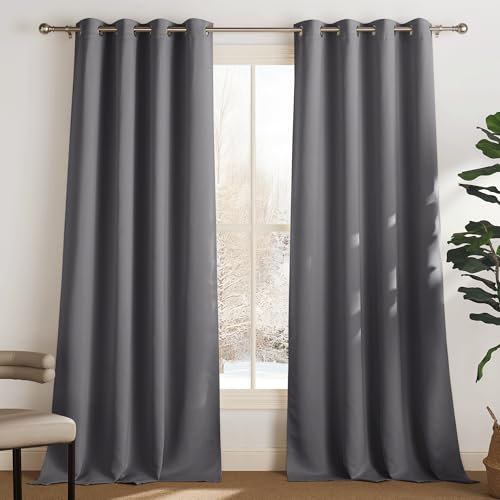 PONY DANCE Thermovorhang gegen Kälte Wohnzimmer Gardinen mit Ösen 2er Set H 280 x B 140 cm Verdunkelungsvorhang Grau Wärmeisolierende Vorhänge Verdunkelung Thermal Curtains