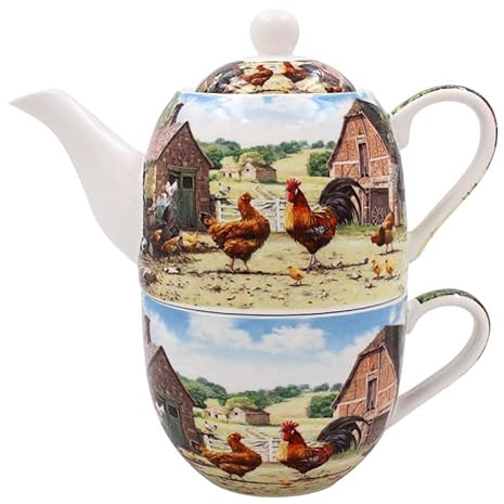 The Leonardo Collection Cockerel & Hen By Macneil Studios Teapot & Cup Set | Single Serving Set, Hand Painted Design, Decorative Finish, Ideal for Home and Office Use