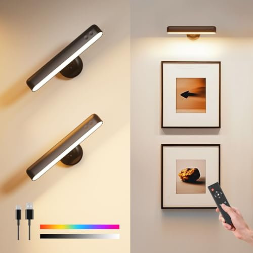 PopoIron Akku Wandleuchten 7500mAh, Wiederaufladbare LED-Wandleuchten für Schlafzimmer mit Touch- und Fernbedienung, 3 Farben, Kabellose Wandlampe, 360° Drehbar, Dimmbare mit 15 RGB-Farben
